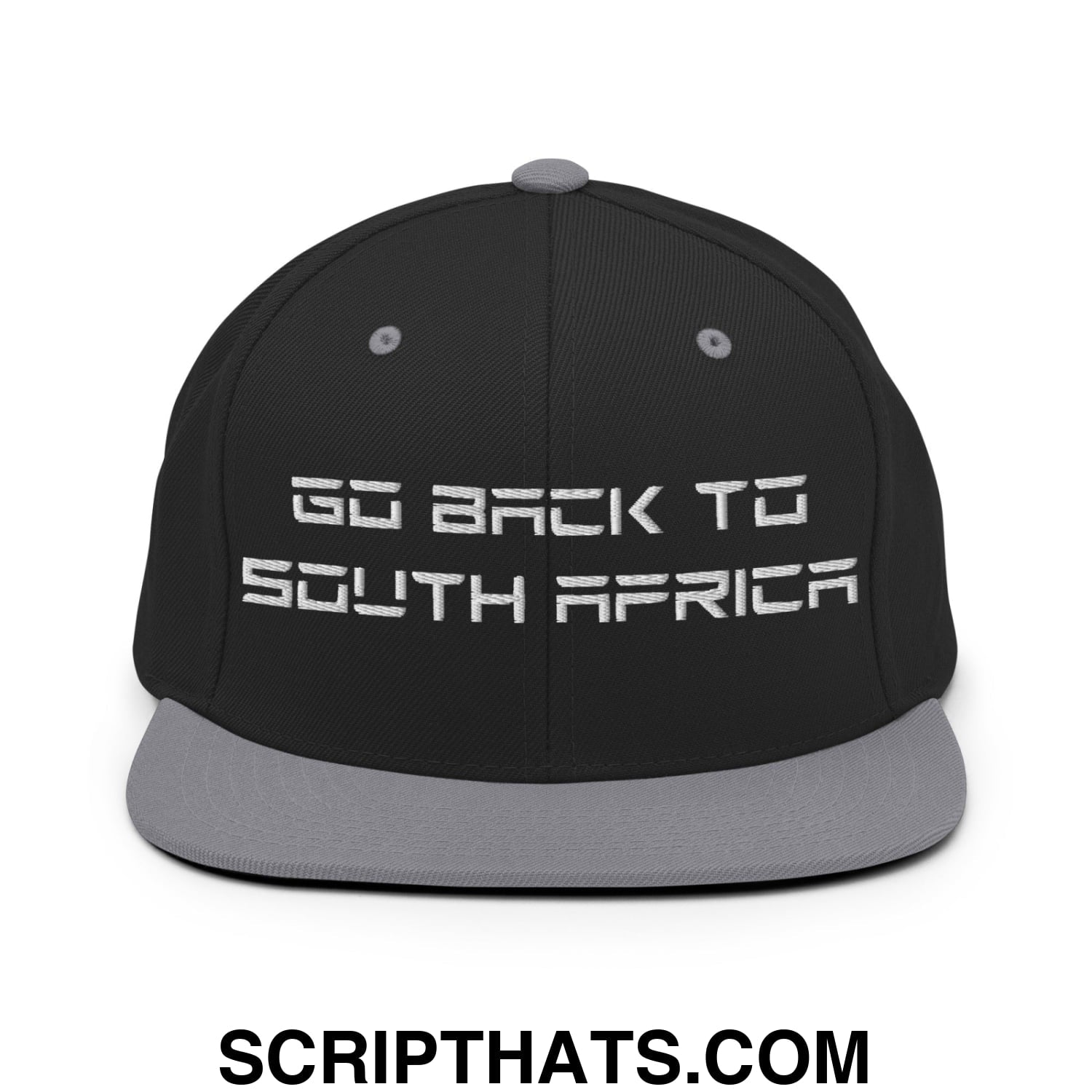 Go Back to South Africa Elon Musk Embroidered Flat Brim Bill Snapback Hat Black Silver