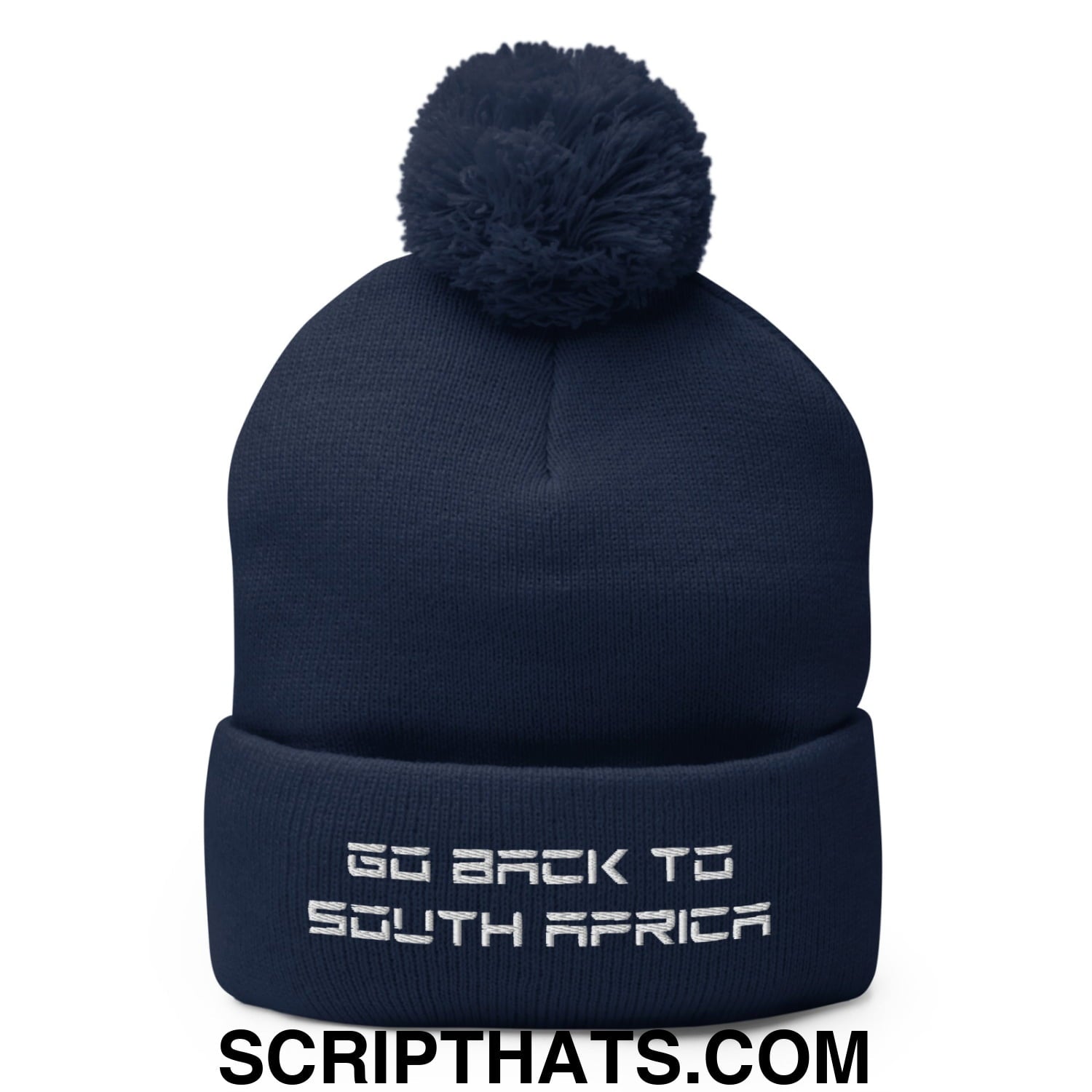 Go Back to South Africa Elon Musk Embroidered Pom Pom Knit Beanie Navy