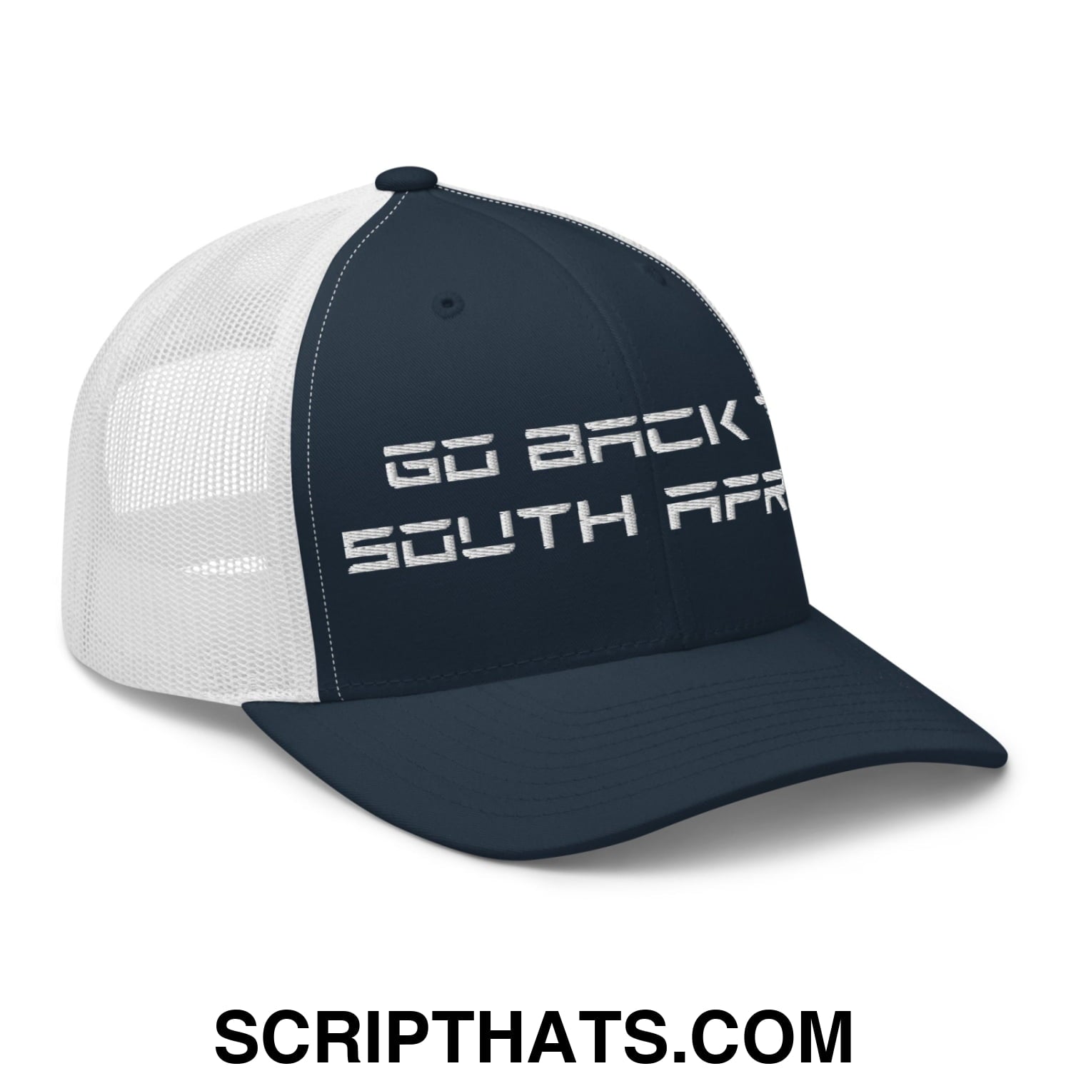 Go Back to South Africa Elon Musk Embroidered Retro Mesh Trucker Hat Navy White