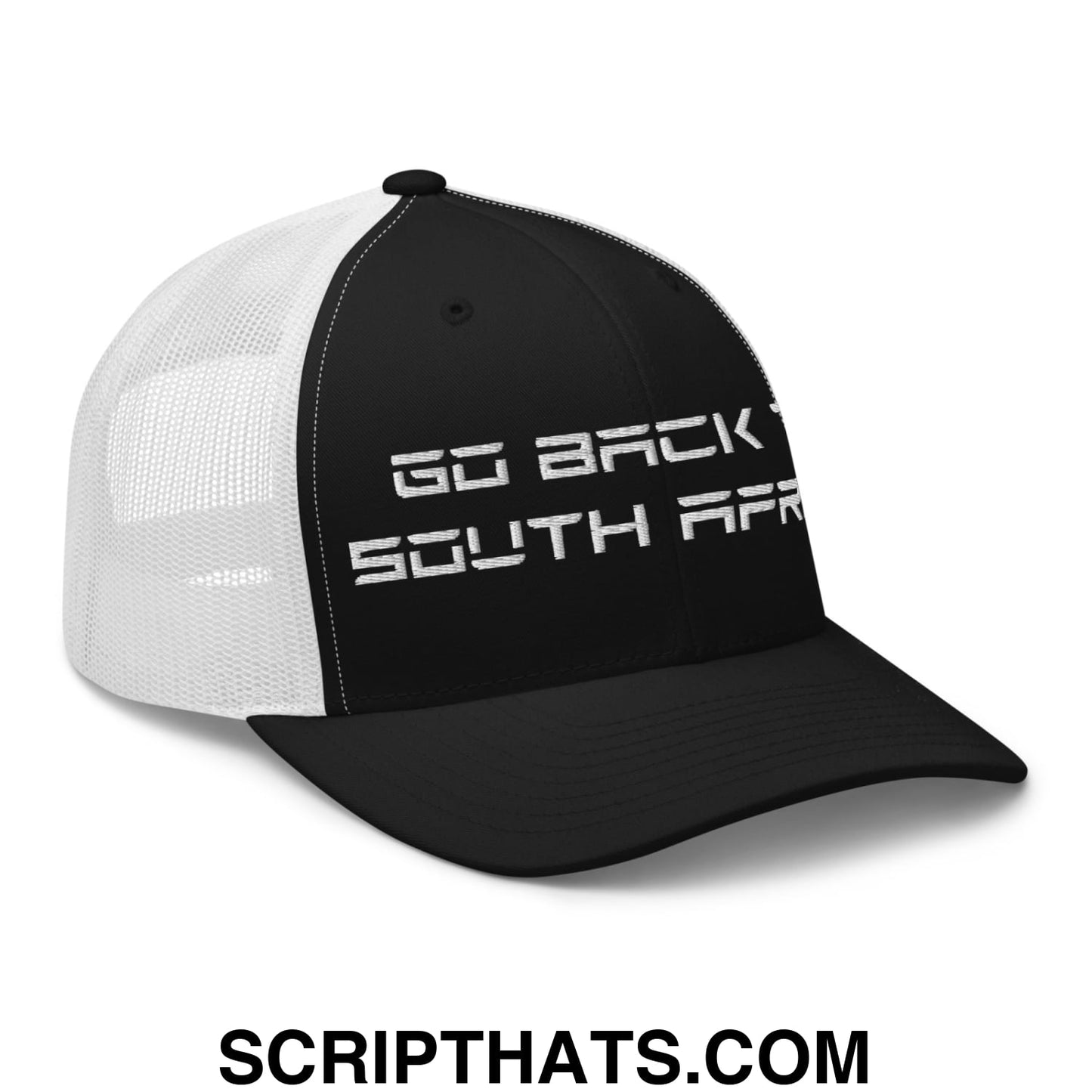 Go Back to South Africa Elon Musk Embroidered Retro Mesh Trucker Hat Black White