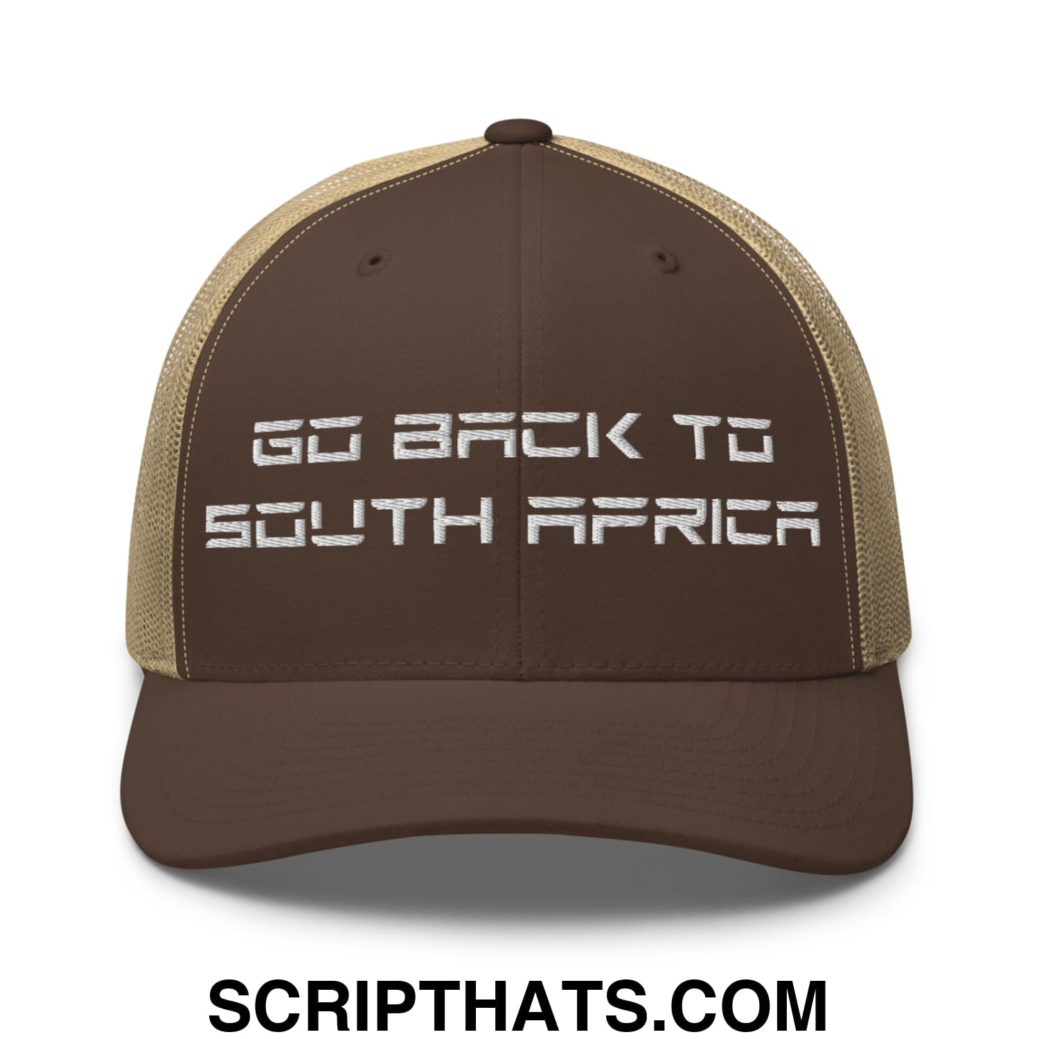 Go Back to South Africa Elon Musk Embroidered Retro Mesh Trucker Hat Brown Khaki
