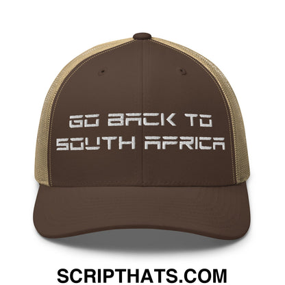 Go Back to South Africa Elon Musk Embroidered Retro Mesh Trucker Hat Brown Khaki
