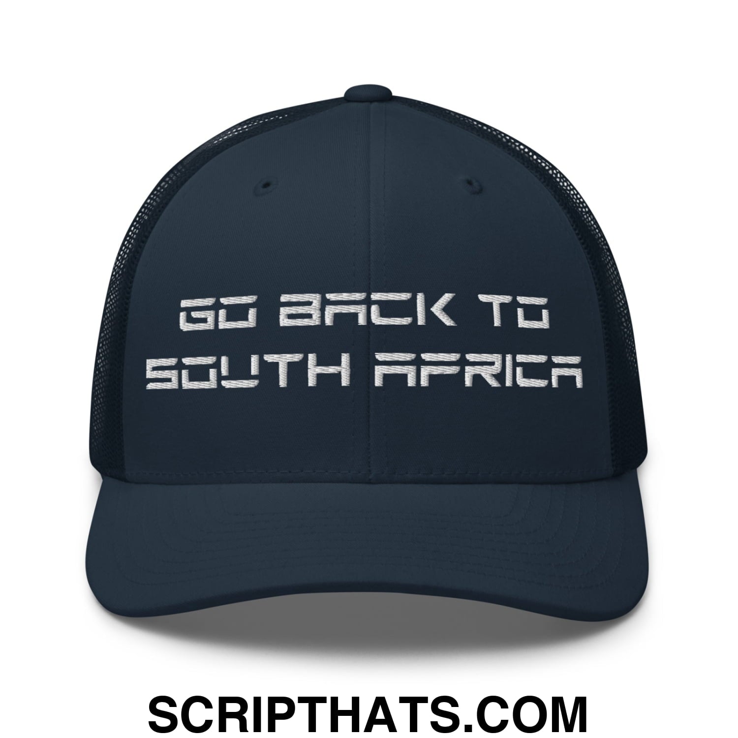 Go Back to South Africa Elon Musk Embroidered Retro Mesh Trucker Hat Navy