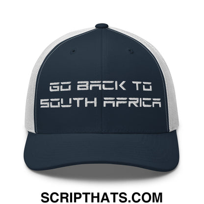 Go Back to South Africa Elon Musk Embroidered Retro Mesh Trucker Hat Navy White