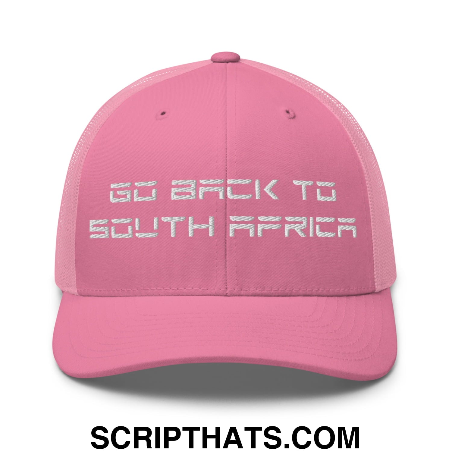 Go Back to South Africa Elon Musk Embroidered Retro Mesh Trucker Hat Pink