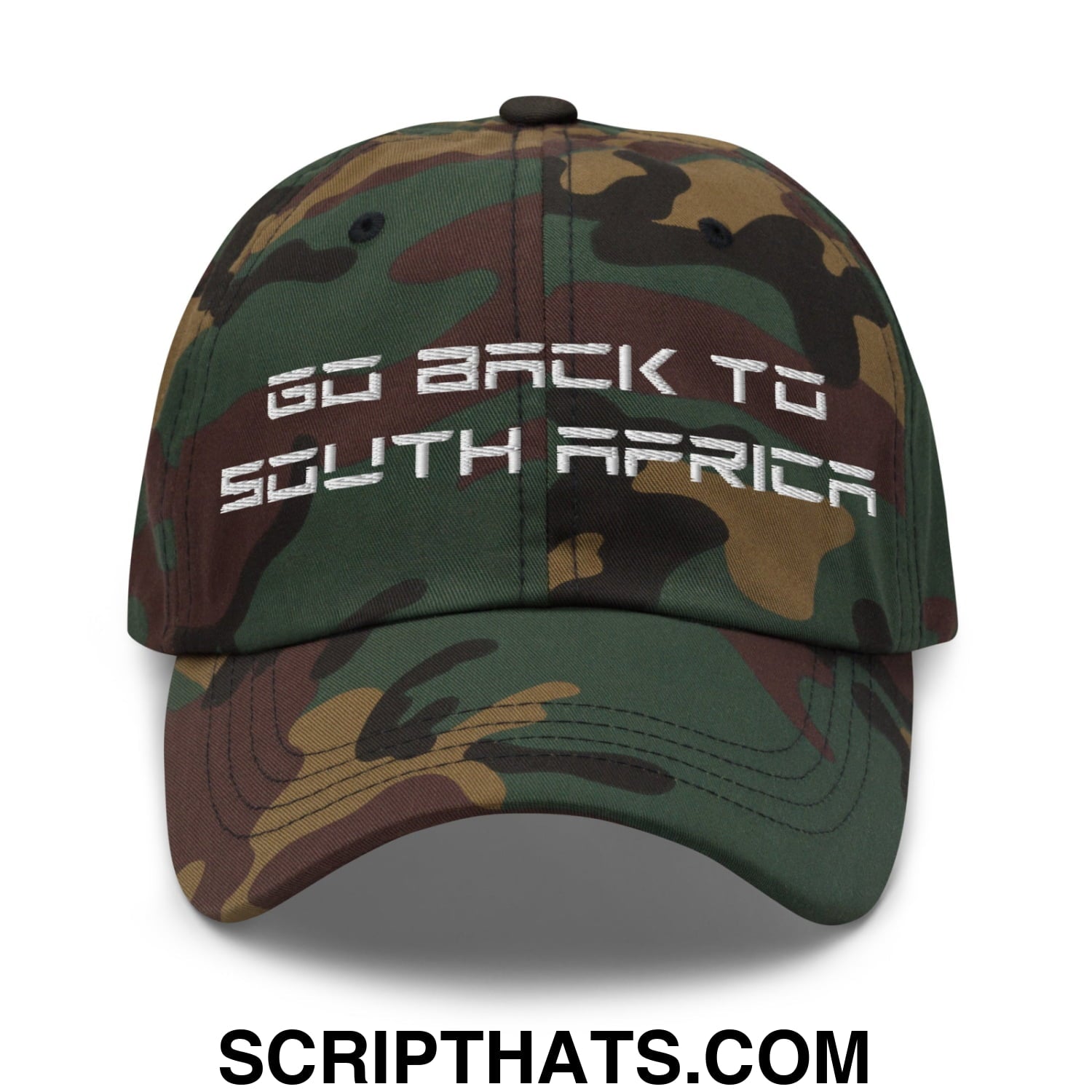 Go Back to South Africa Elon Musk Embroidered Unstructured Dad Hat Green Camo
