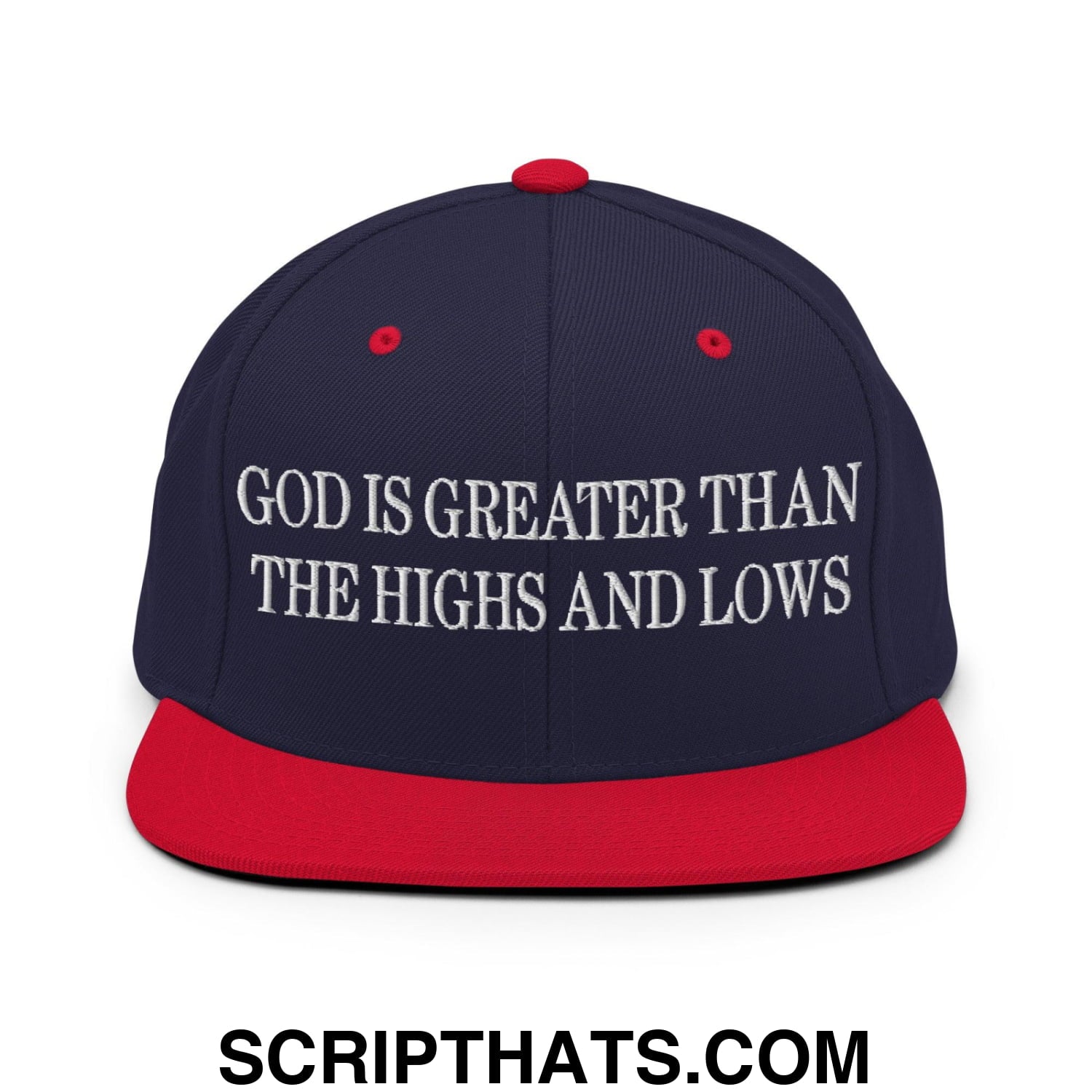 God is Greater than the Highs and Lows Embroidered Flat Bill Brim Snapback Hat Navy Red