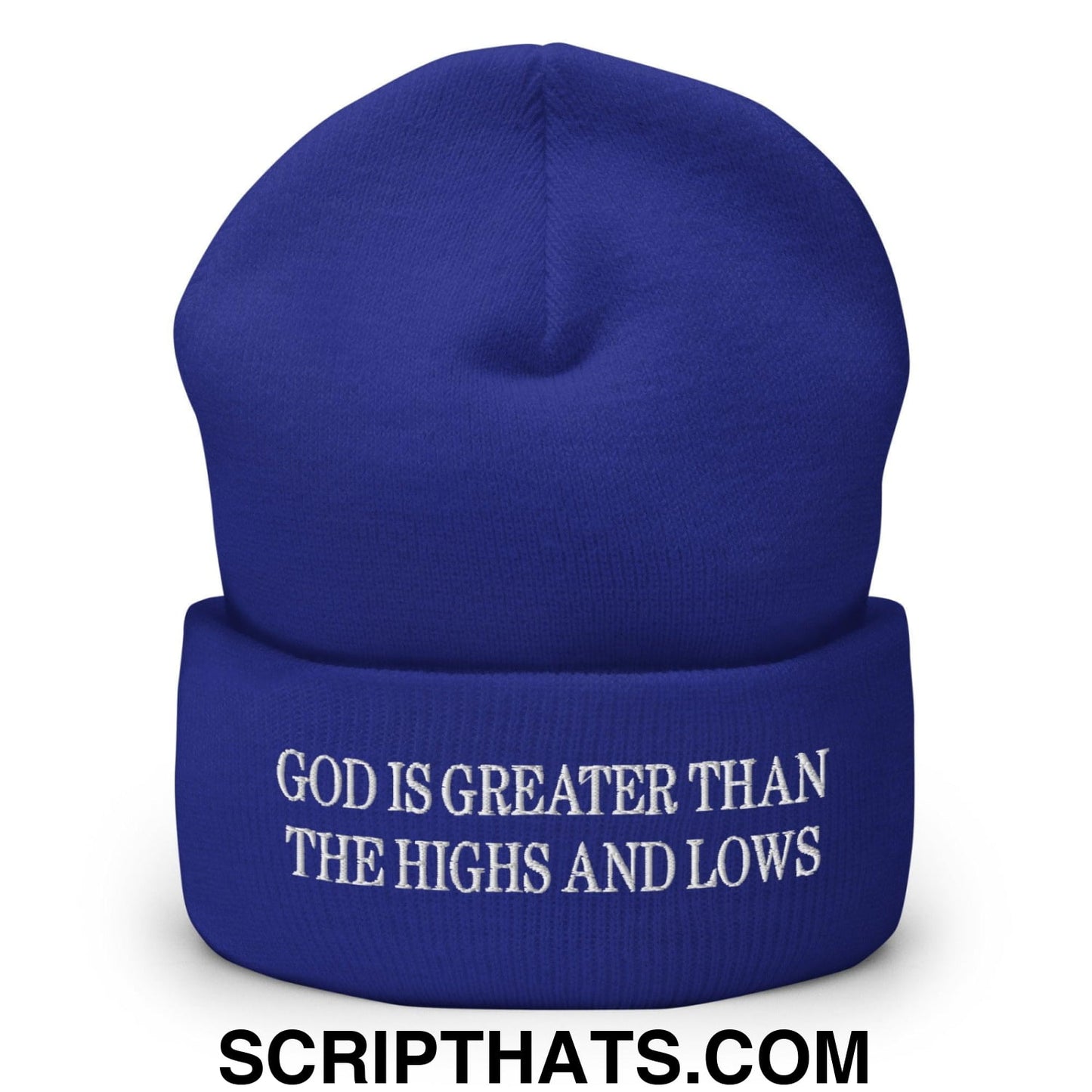 God is Greater than the Highs and Lows Embroidered Knit Cuffed Beanie Royal