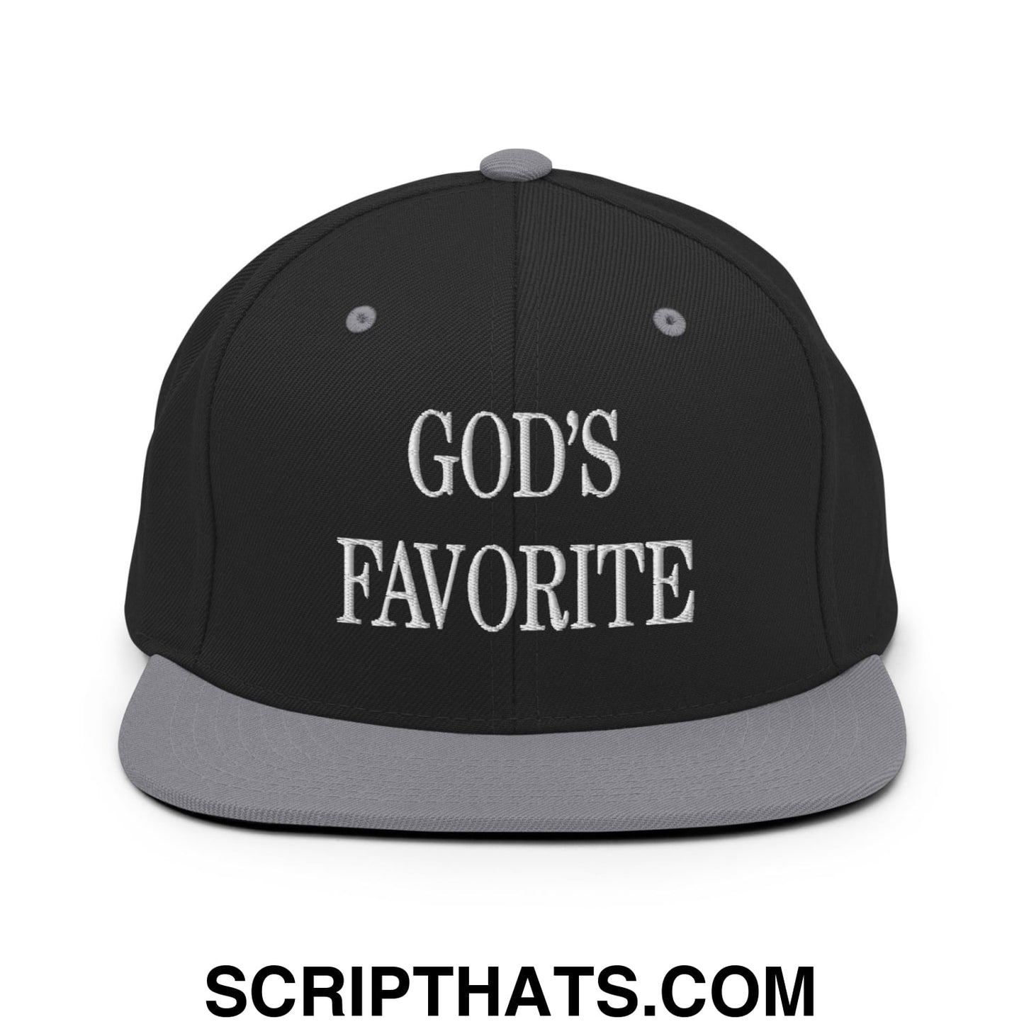 God's Favorite Embroidered Flat Bill Brim Snapback Hat Black Silver