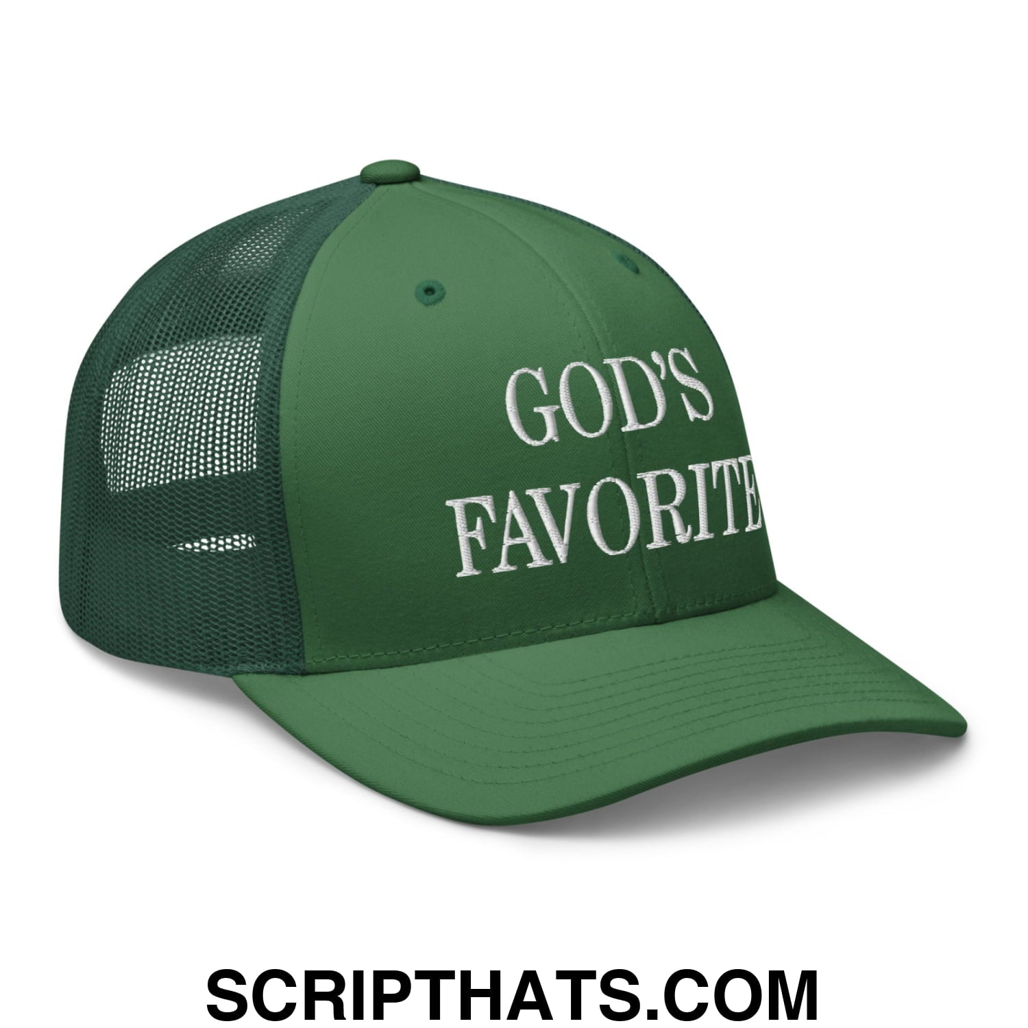 God's Favorite Embroidered Mesh Trucker Hat Evergreen
