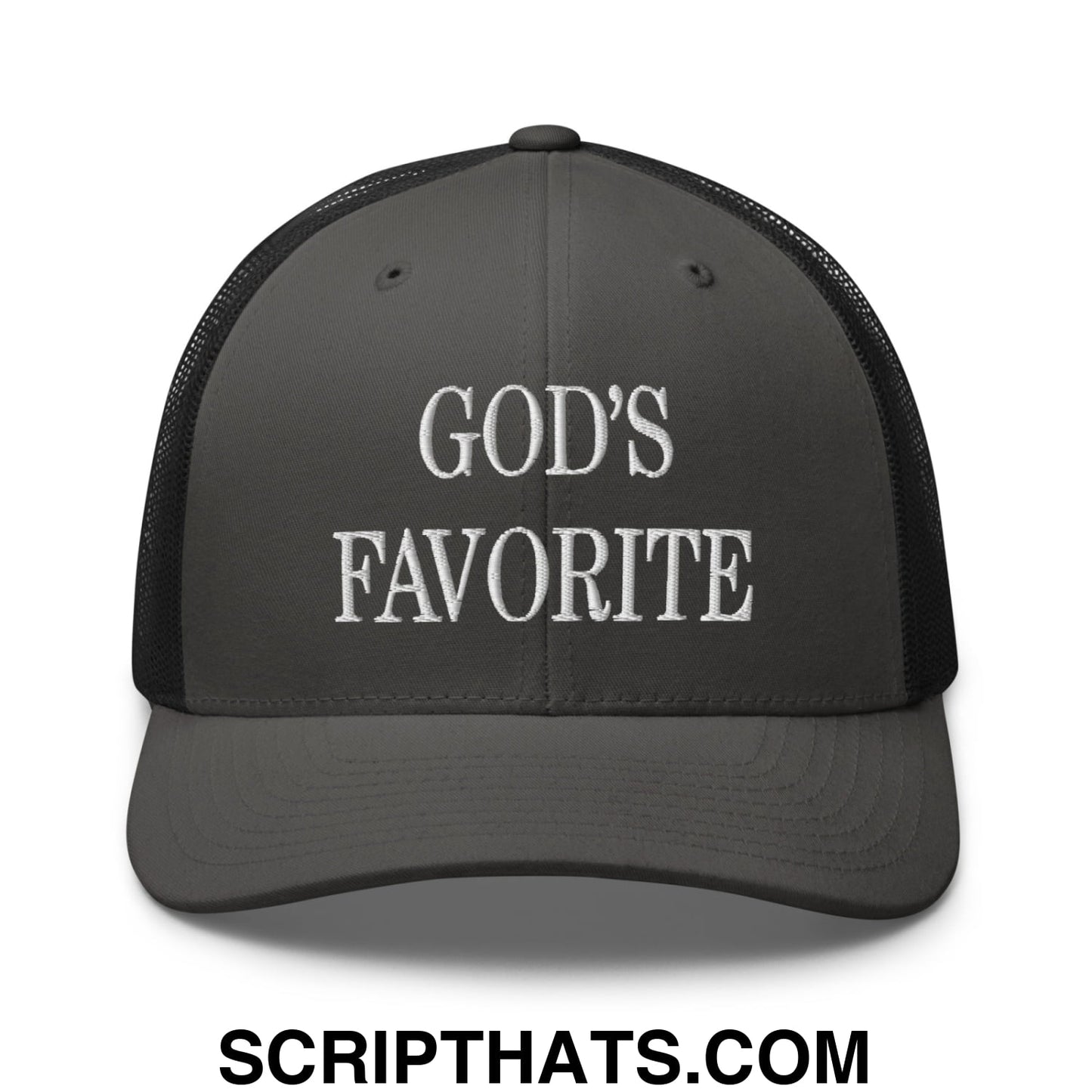 God's Favorite Embroidered Mesh Trucker Hat Charcoal Black