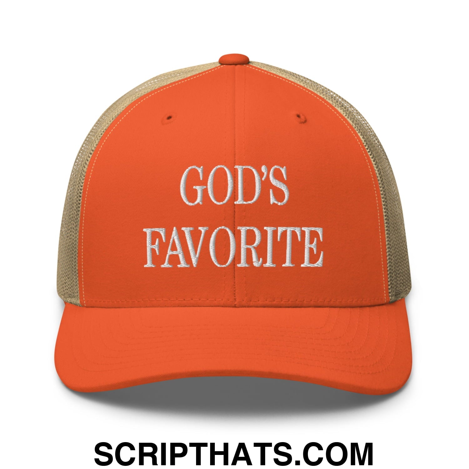 God's Favorite Embroidered Mesh Trucker Hat Rustic Orange Khaki