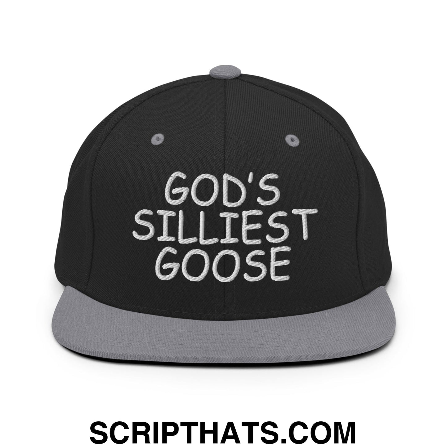 God's Silliest Goose Embroidered Flat Bill Brim Snapback Hat Black Silver