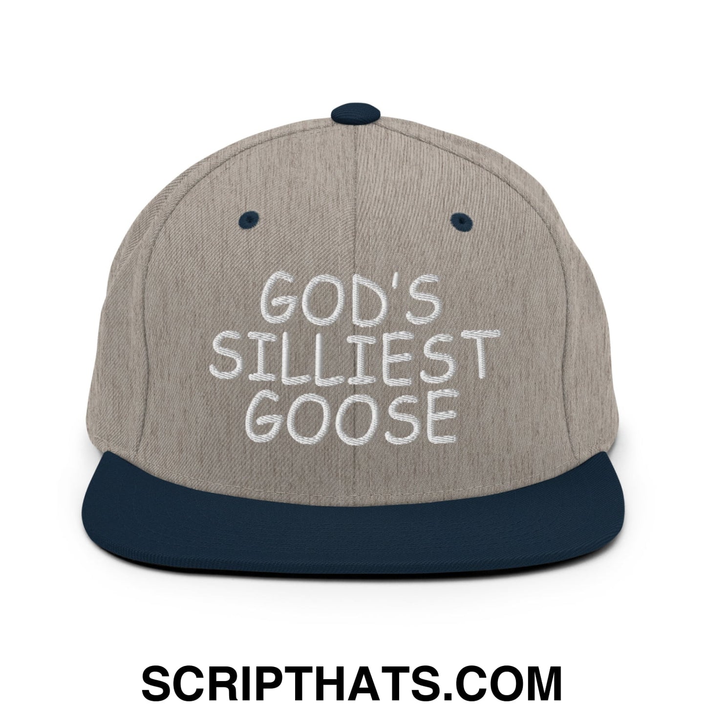 God's Silliest Goose Embroidered Flat Bill Brim Snapback Hat Heather Grey Navy