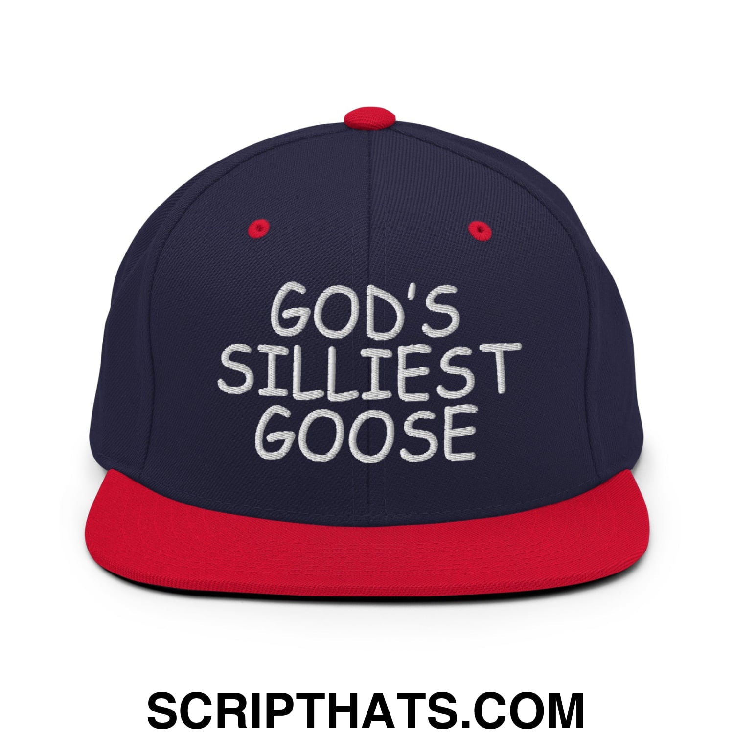 God's Silliest Goose Embroidered Flat Bill Brim Snapback Hat Navy Red