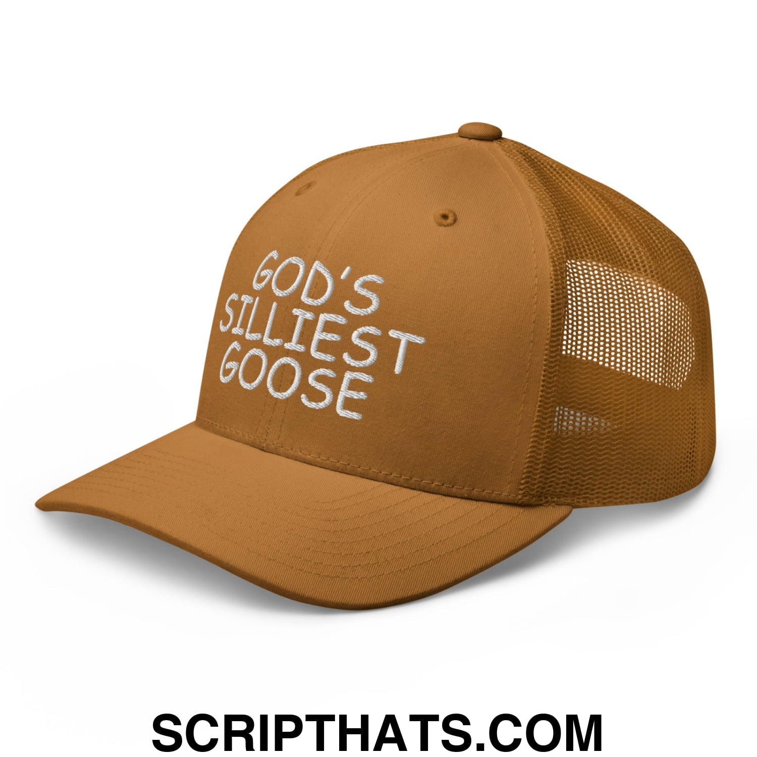 God's Silliest Goose Embroidered Mesh Trucker Hat Caramel