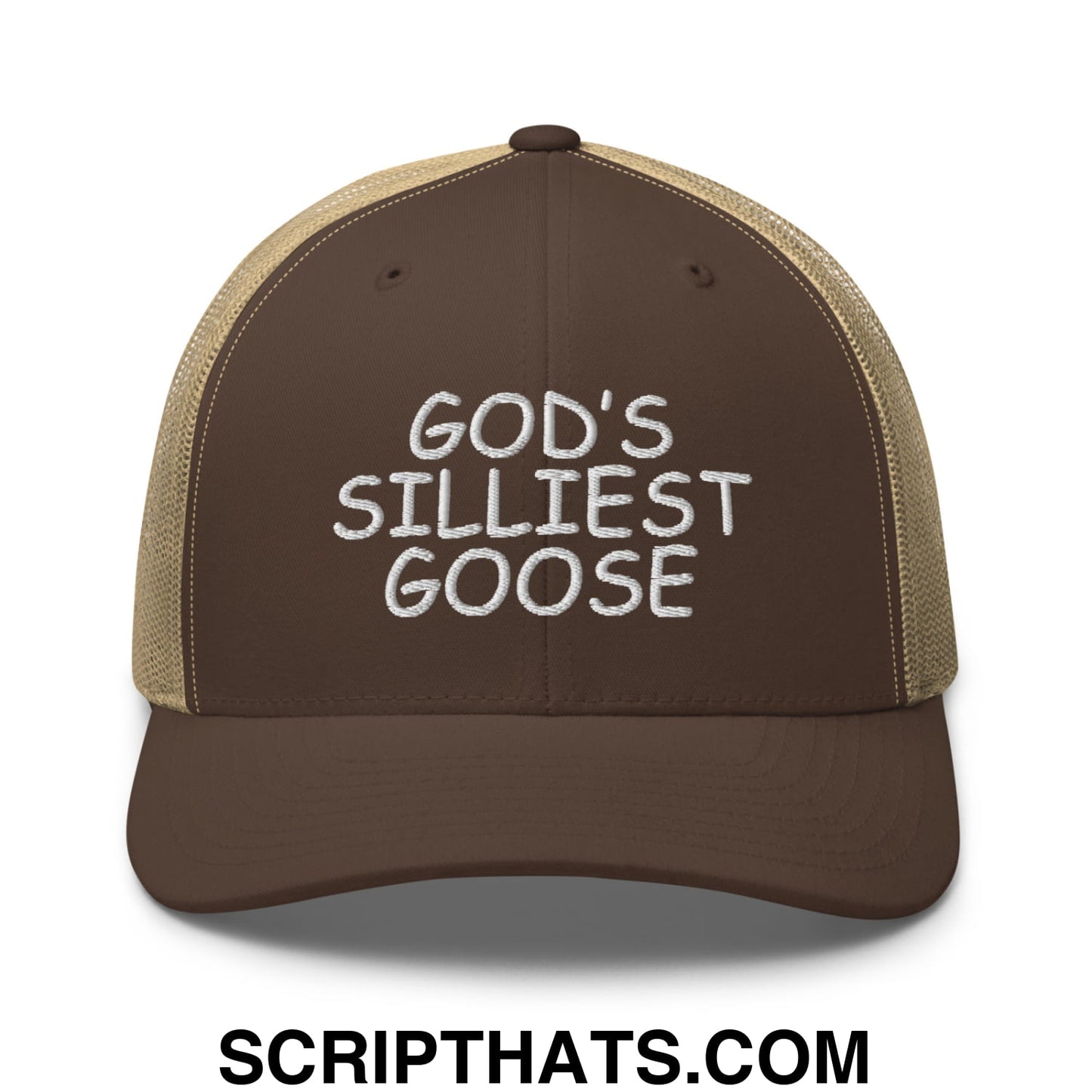 God's Silliest Goose Embroidered Mesh Trucker Hat Brown Khaki