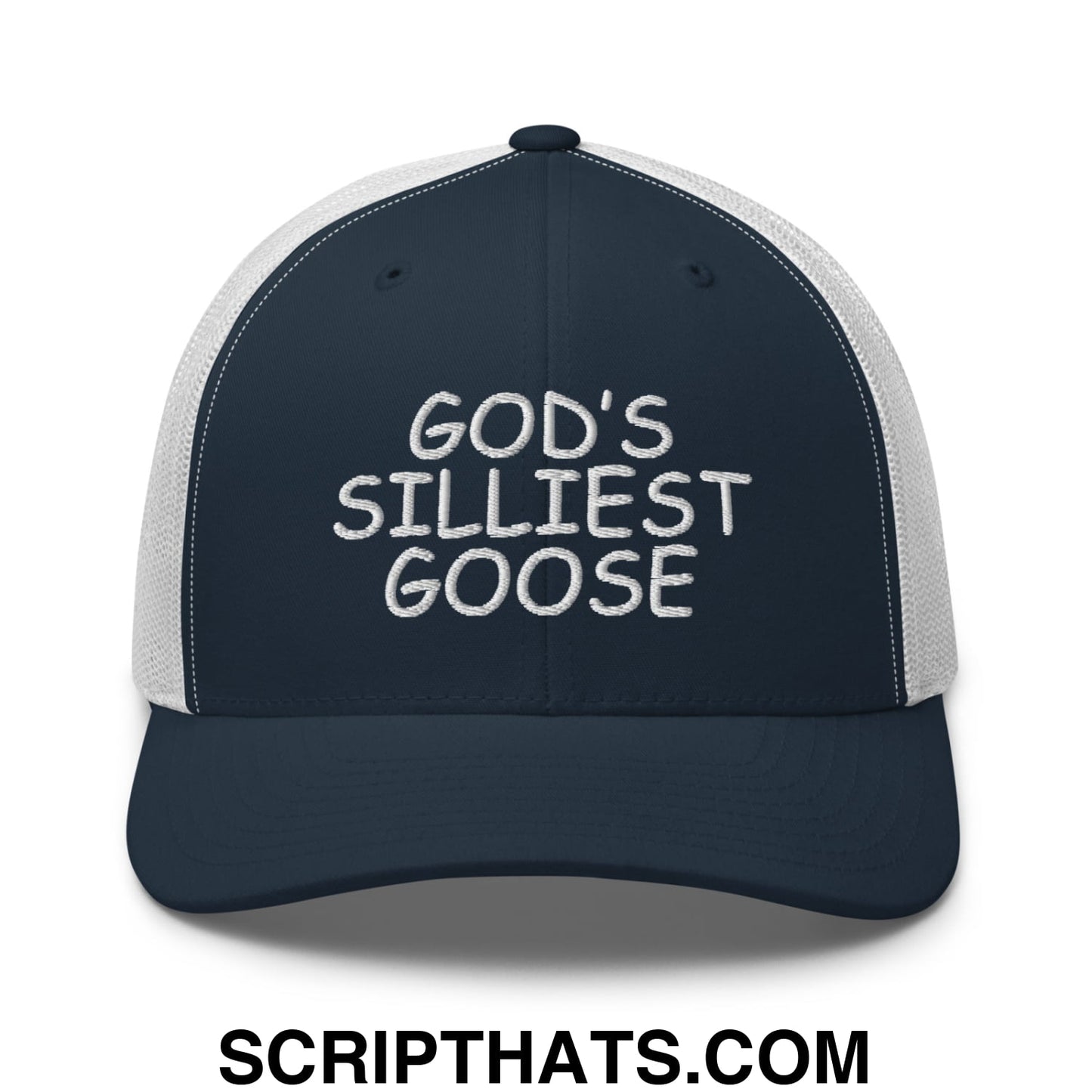 God's Silliest Goose Embroidered Mesh Trucker Hat Navy White