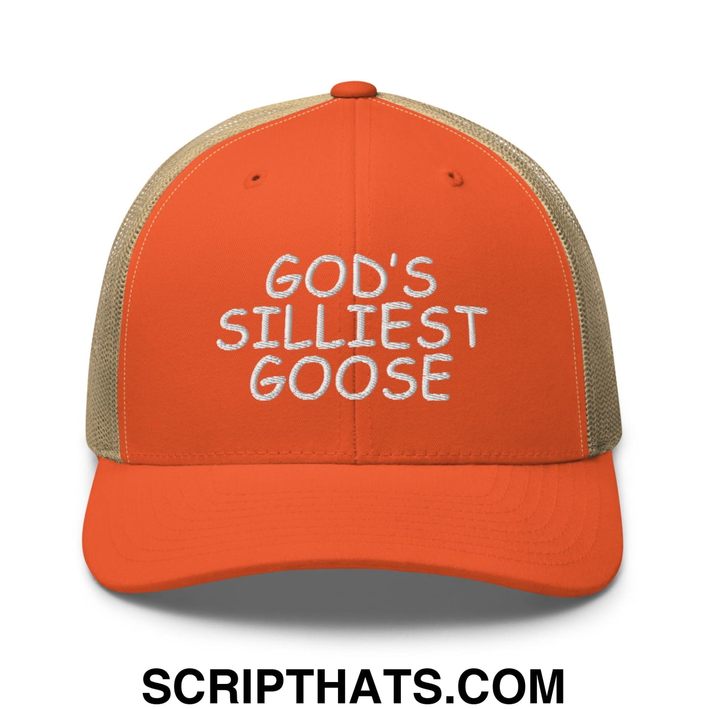 God's Silliest Goose Embroidered Mesh Trucker Hat Rustic Orange Khaki