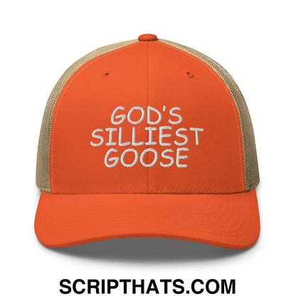 God's Silliest Goose Embroidered Mesh Trucker Hat Rustic Orange Khaki