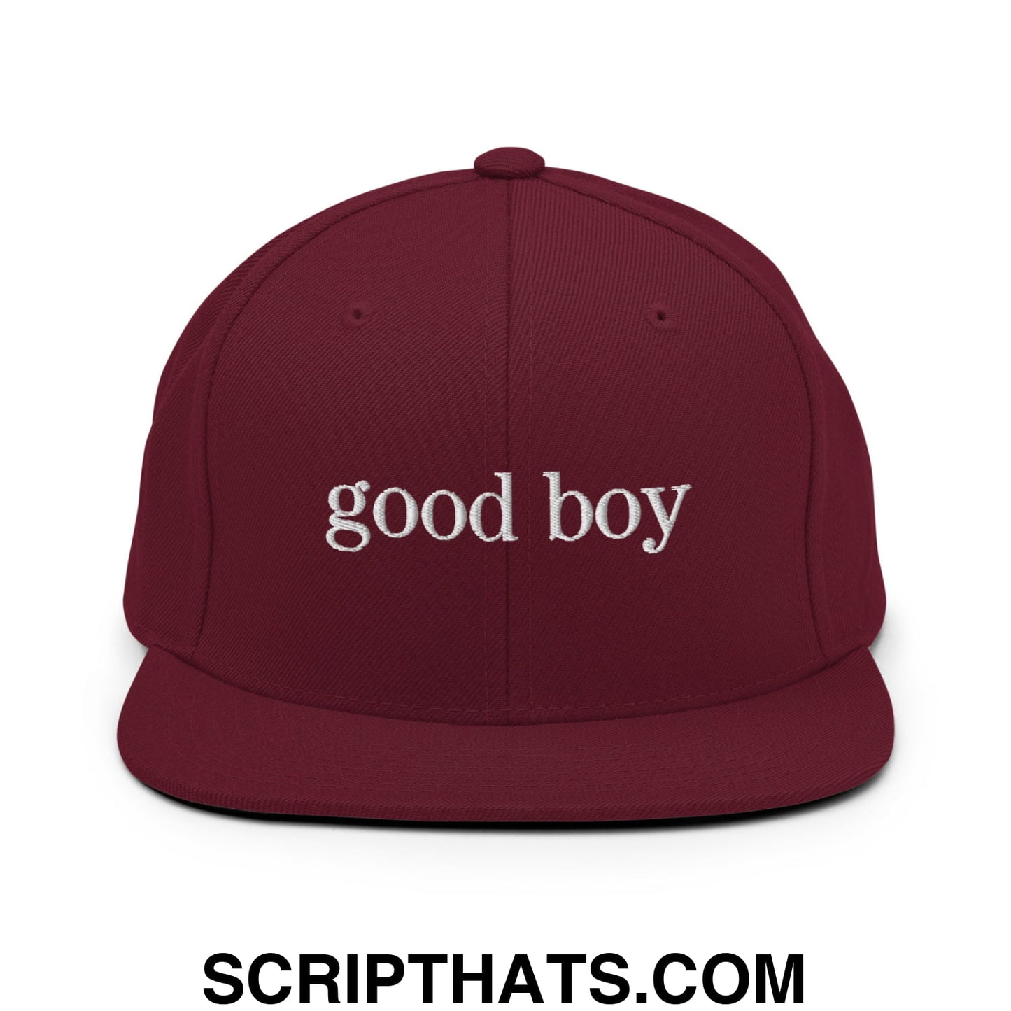 good boy Embroidered Flat Bill Brim Snapback Hat Maroon