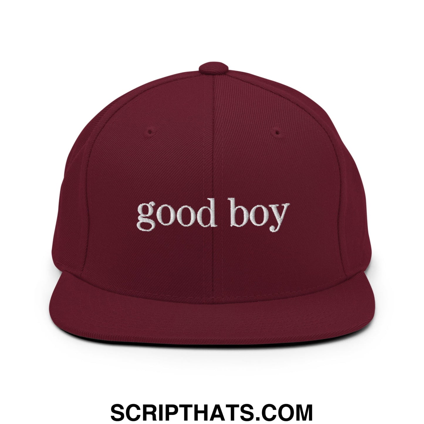 good boy Embroidered Flat Bill Brim Snapback Hat Maroon