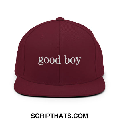 good boy Embroidered Flat Bill Brim Snapback Hat Maroon