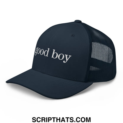 Dark navy mesh trucker hat with white embroidered good boy text on the front panel for casual wear