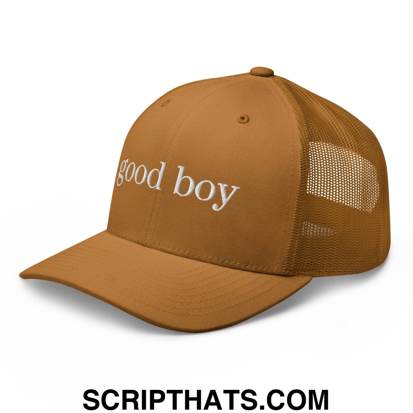 good boy Embroidered Mesh Trucker Hat Caramel