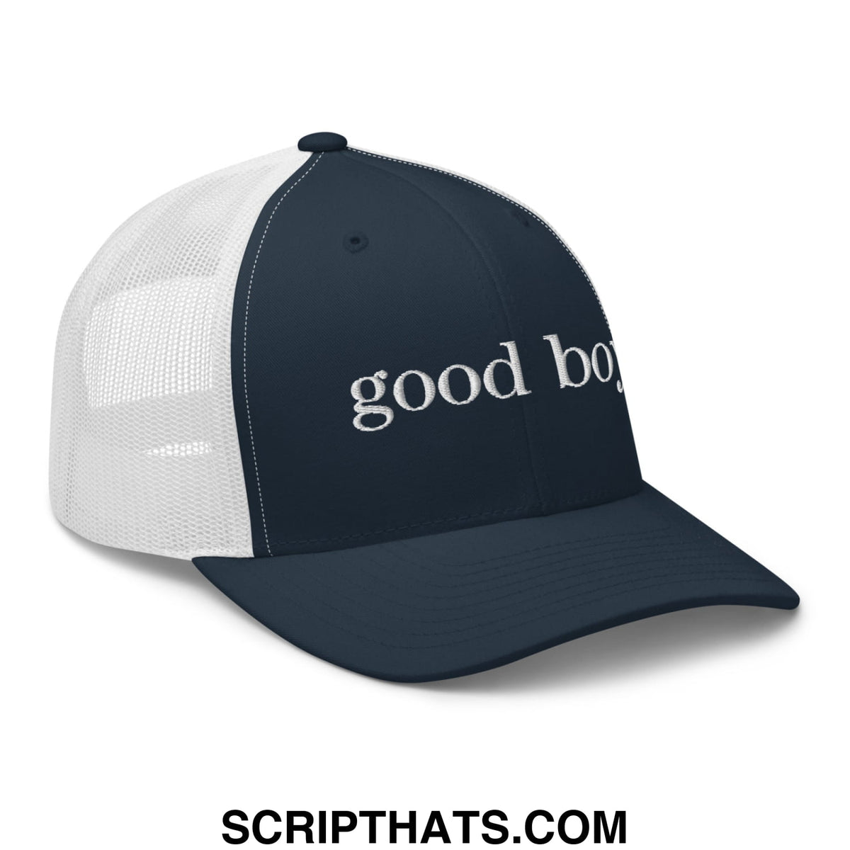 Navy blue and white mesh trucker hat with good boy embroidered in white script on the front panel