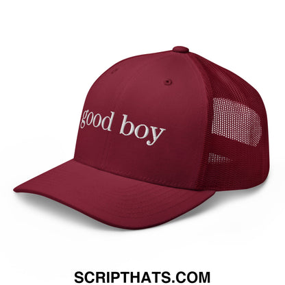 Maroon mesh trucker hat with white embroidered good boy text on the front for casual wear