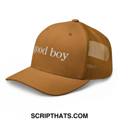 Tan mesh trucker hat with white embroidered good boy text on the front for casual wear