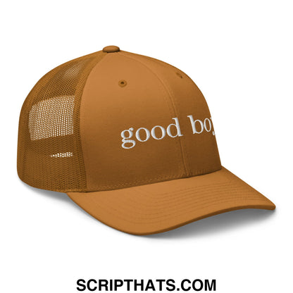 A tan mesh trucker hat with white embroidered good boy text on the front titled good boy embroidered mesh trucker hat