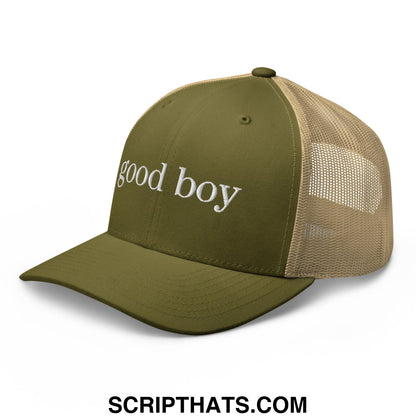 Olive green and tan mesh trucker hat with good boy embroidered in white script on the front panel