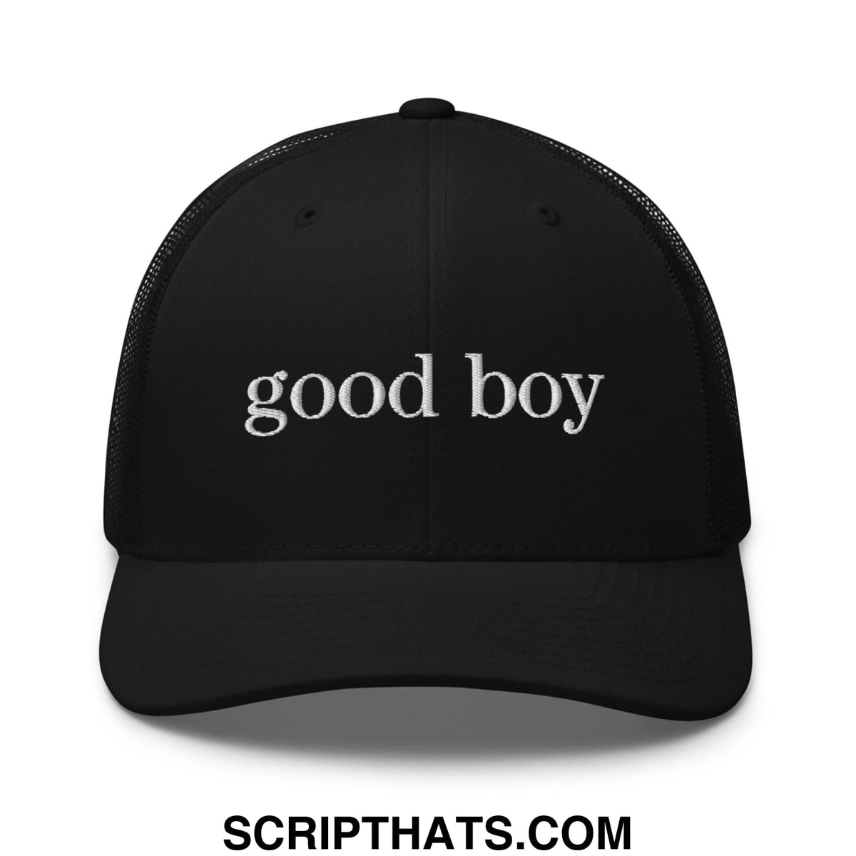 Black embroidered mesh trucker hat with good boy text in white on the front panel for casual wear