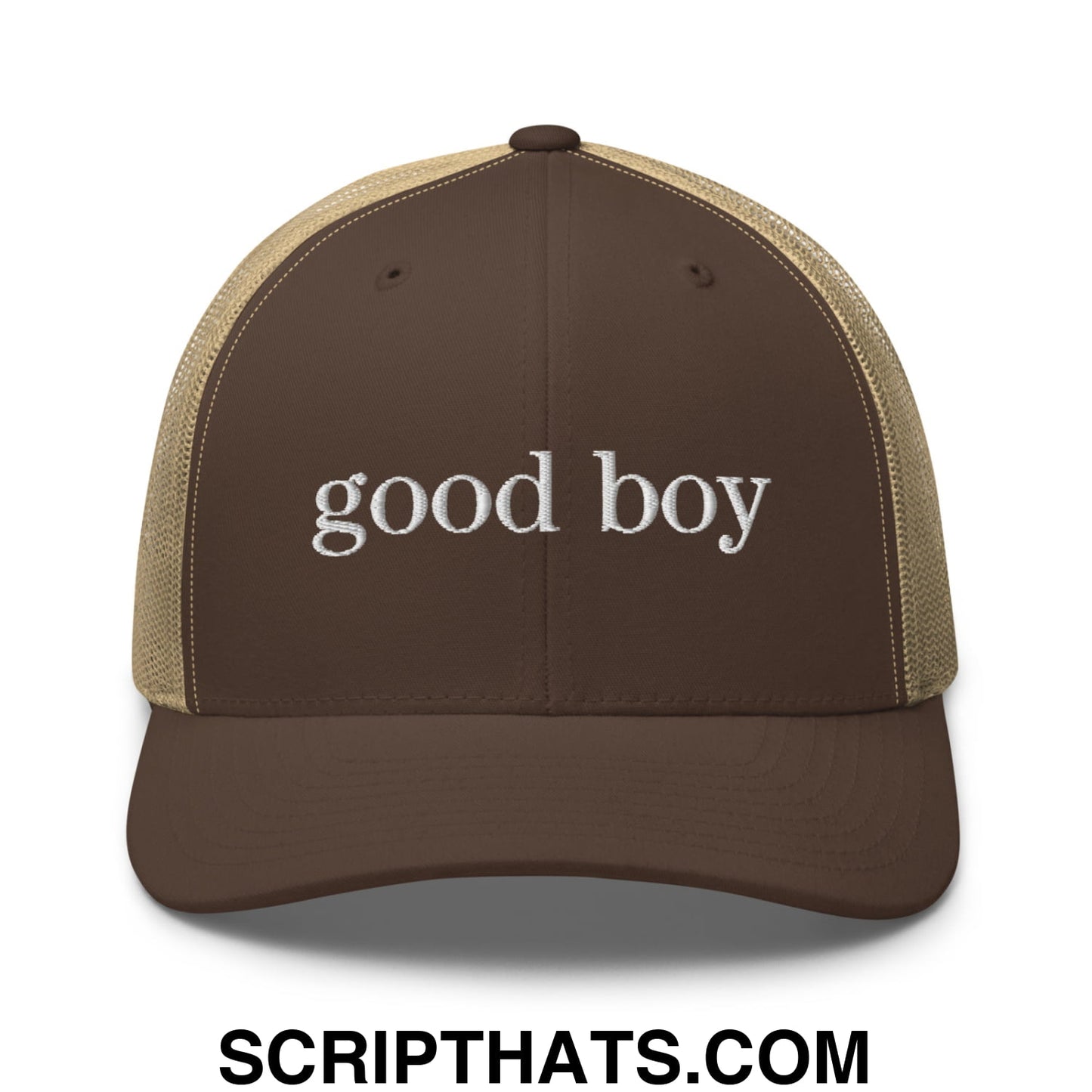 good boy Embroidered Mesh Trucker Hat Brown Khaki