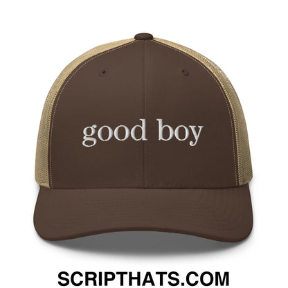 good boy Embroidered Mesh Trucker Hat Brown Khaki