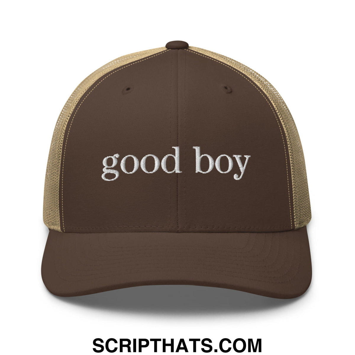 Brown good boy embroidered mesh trucker hat with beige mesh panels and white text