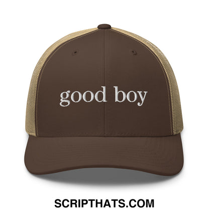 Brown good boy embroidered mesh trucker hat with beige mesh panels and white text