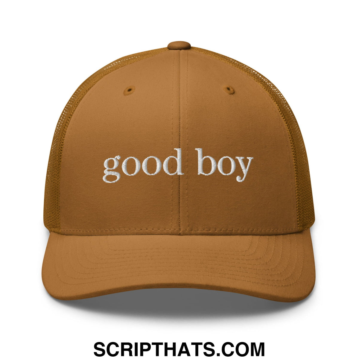 Tan mesh trucker hat with white embroidered good boy text across the front in a casual style design