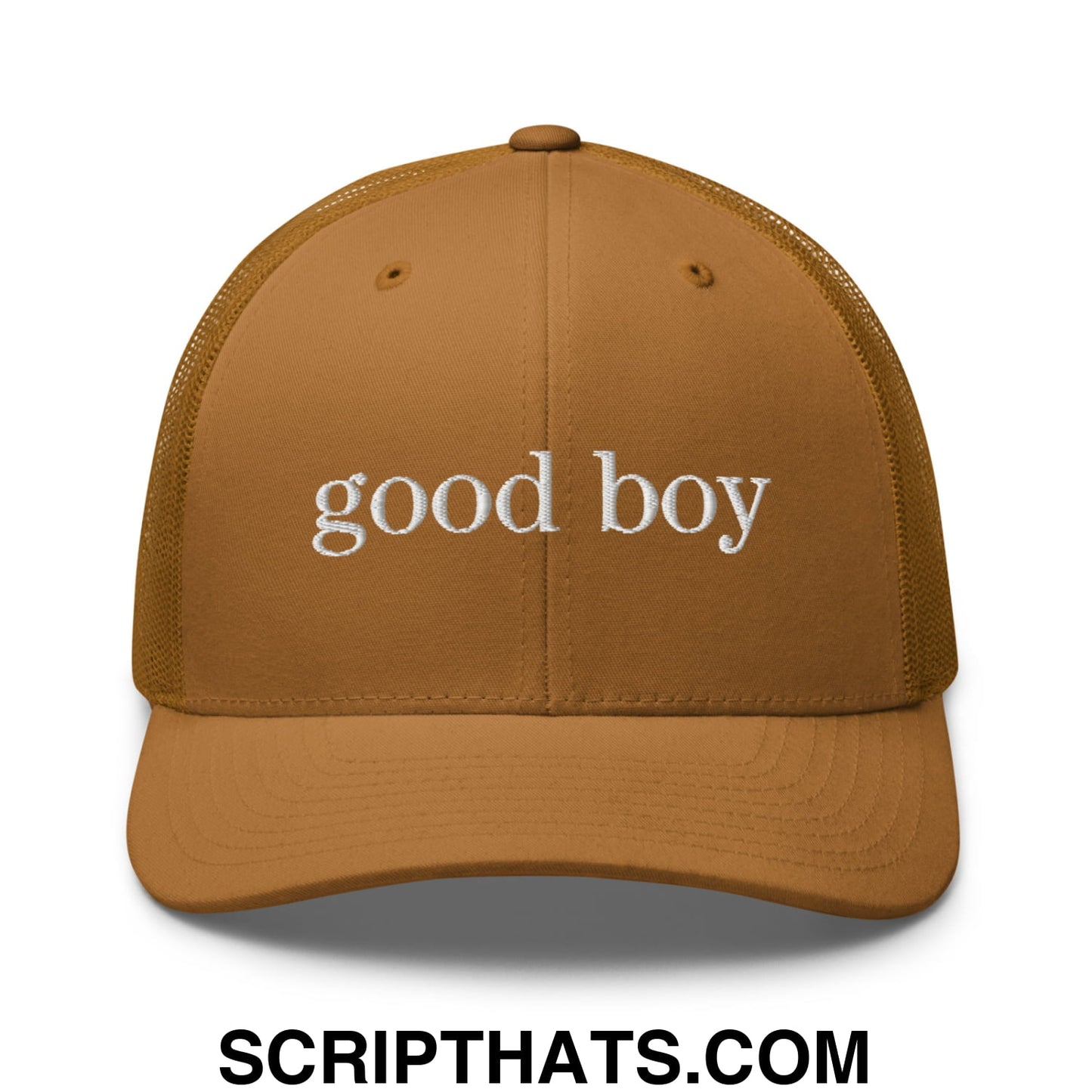 good boy Embroidered Mesh Trucker Hat Caramel