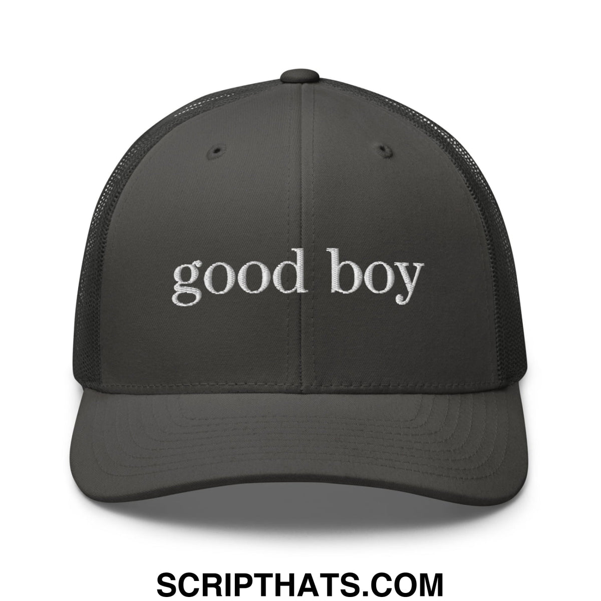 Dark gray mesh trucker hat with white embroidered good boy text on the front for casual wear