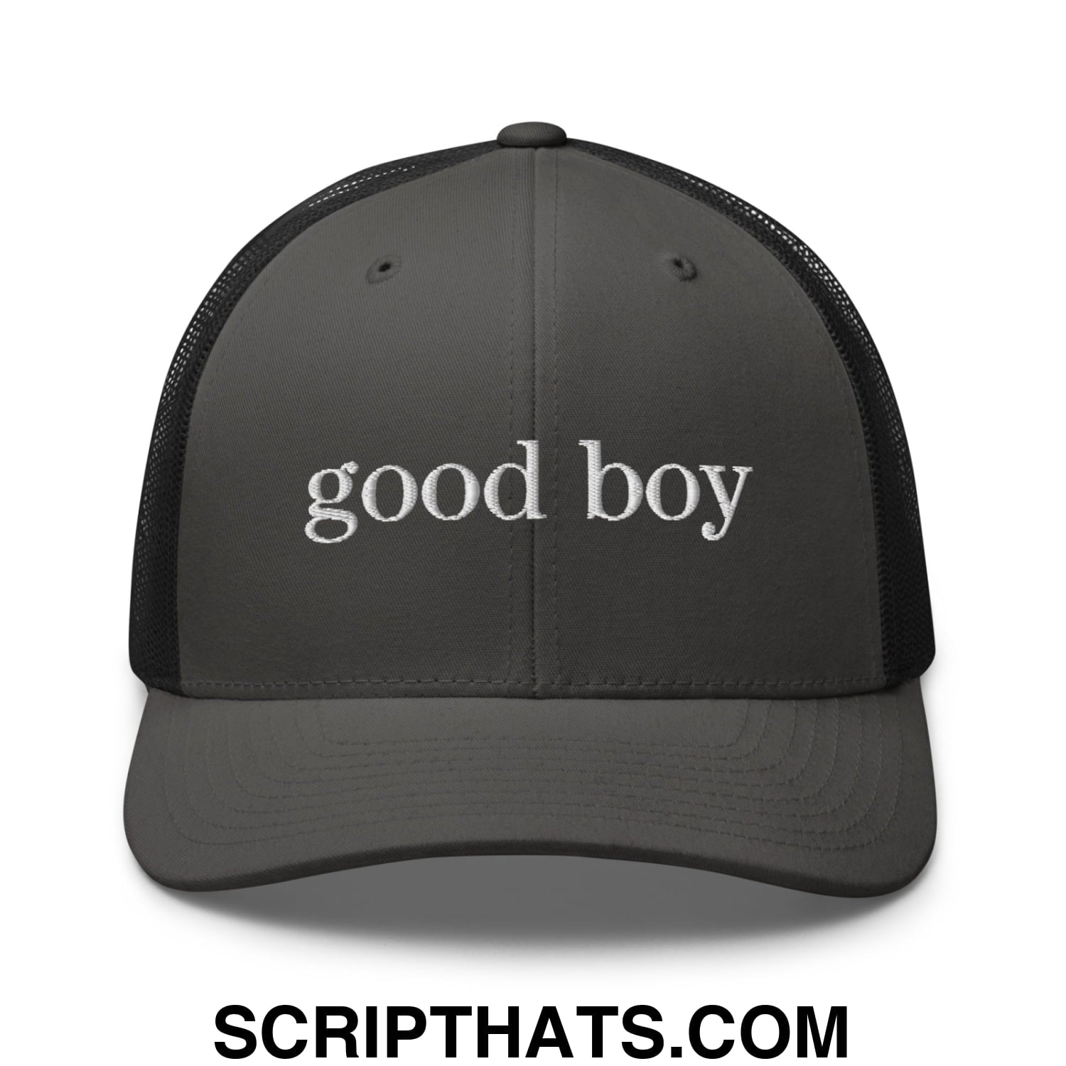 good boy Embroidered Mesh Trucker Hat Charcoal Black