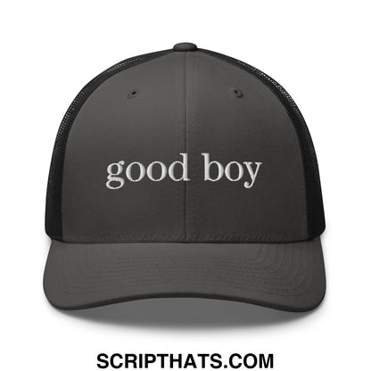 Dark gray mesh trucker hat with white embroidered good boy text on the front for casual wear