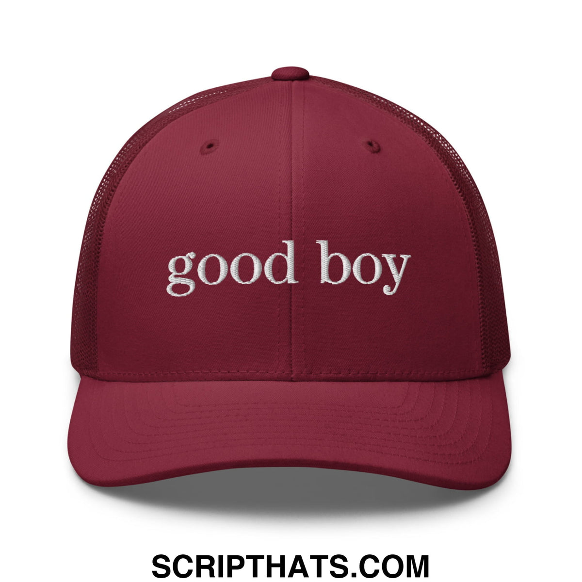 Maroon mesh trucker hat with white embroidered good boy text featuring breathable mesh panels for casual wear