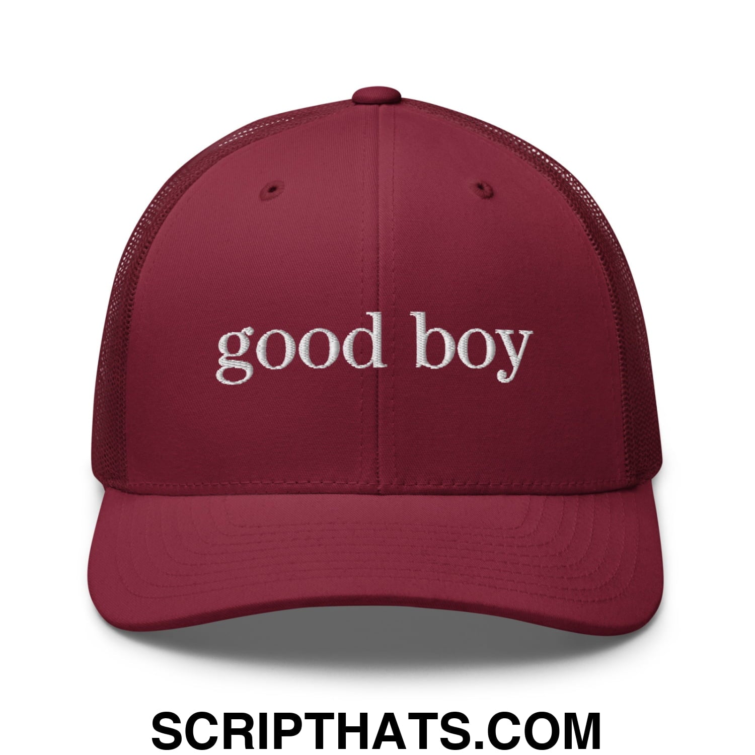 good boy Embroidered Mesh Trucker Hat Cranberry