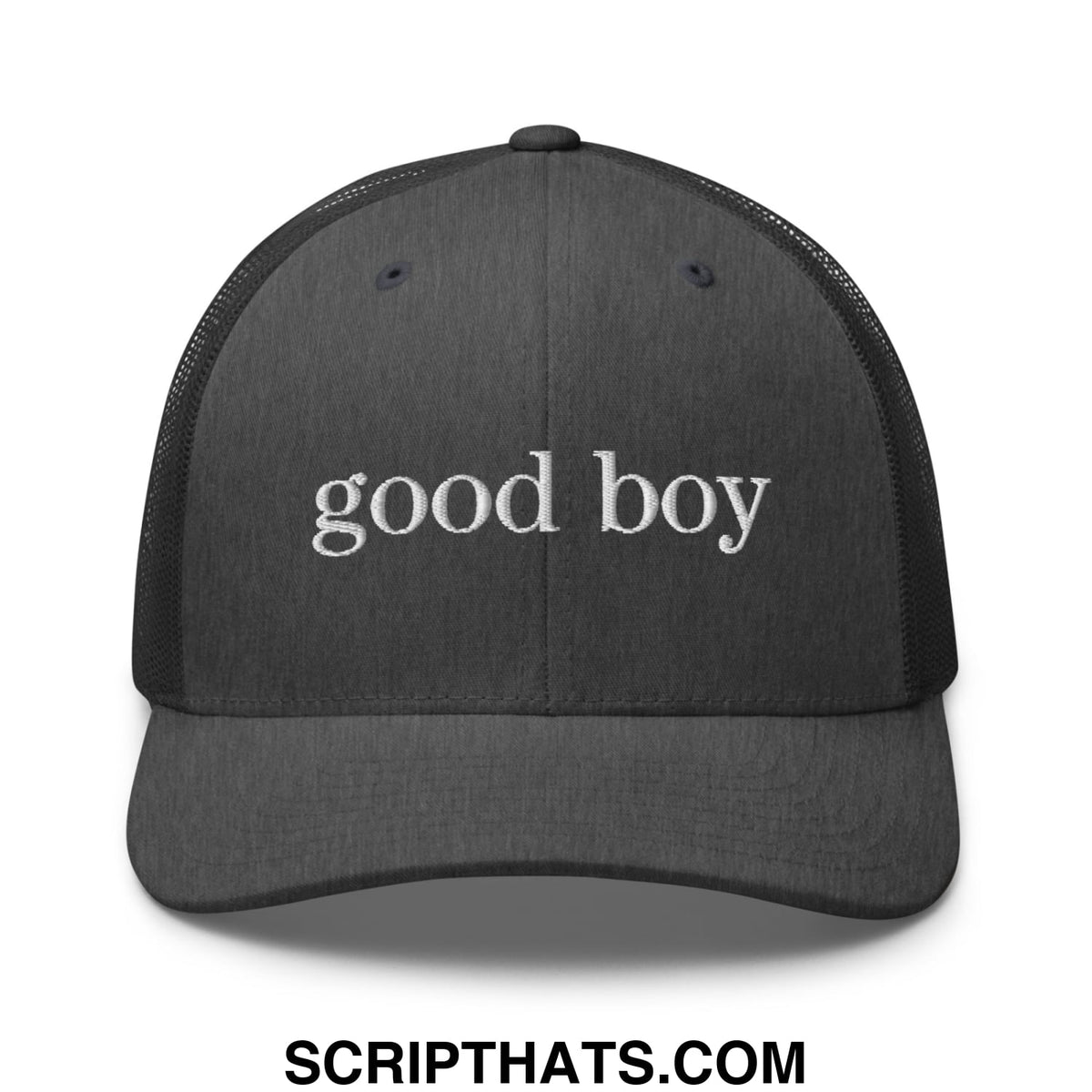 Black mesh trucker hat with white embroidered good boy text perfect for casual outdoor wear
