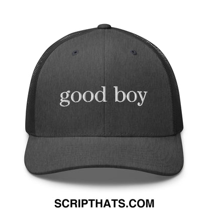 Black mesh trucker hat with white embroidered good boy text perfect for casual outdoor wear