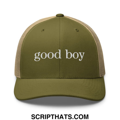 Olive green and beige mesh trucker hat with good boy embroidered in white script on the front panel