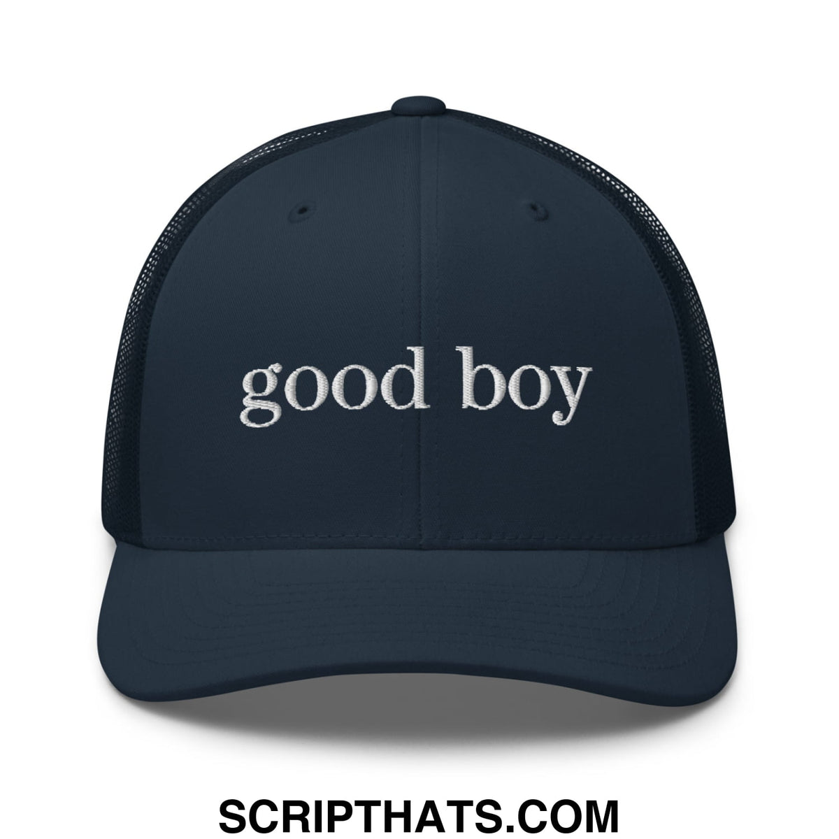 Dark navy mesh trucker hat with white embroidered good boy text across the front for casual wear